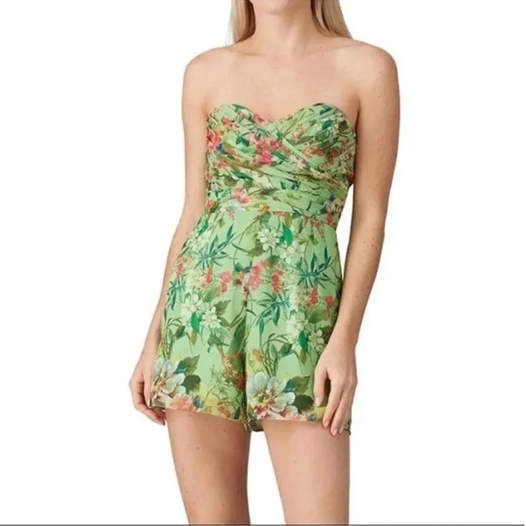 Jay Godfrey Lydia Green Floral Print Strapless Romper Shorts Size 8 Pleated - Picture 1 of 12